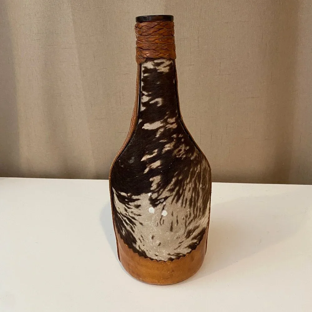 Vintage Leather and Cowhide Wrapped Whiskey Bottle 9.5